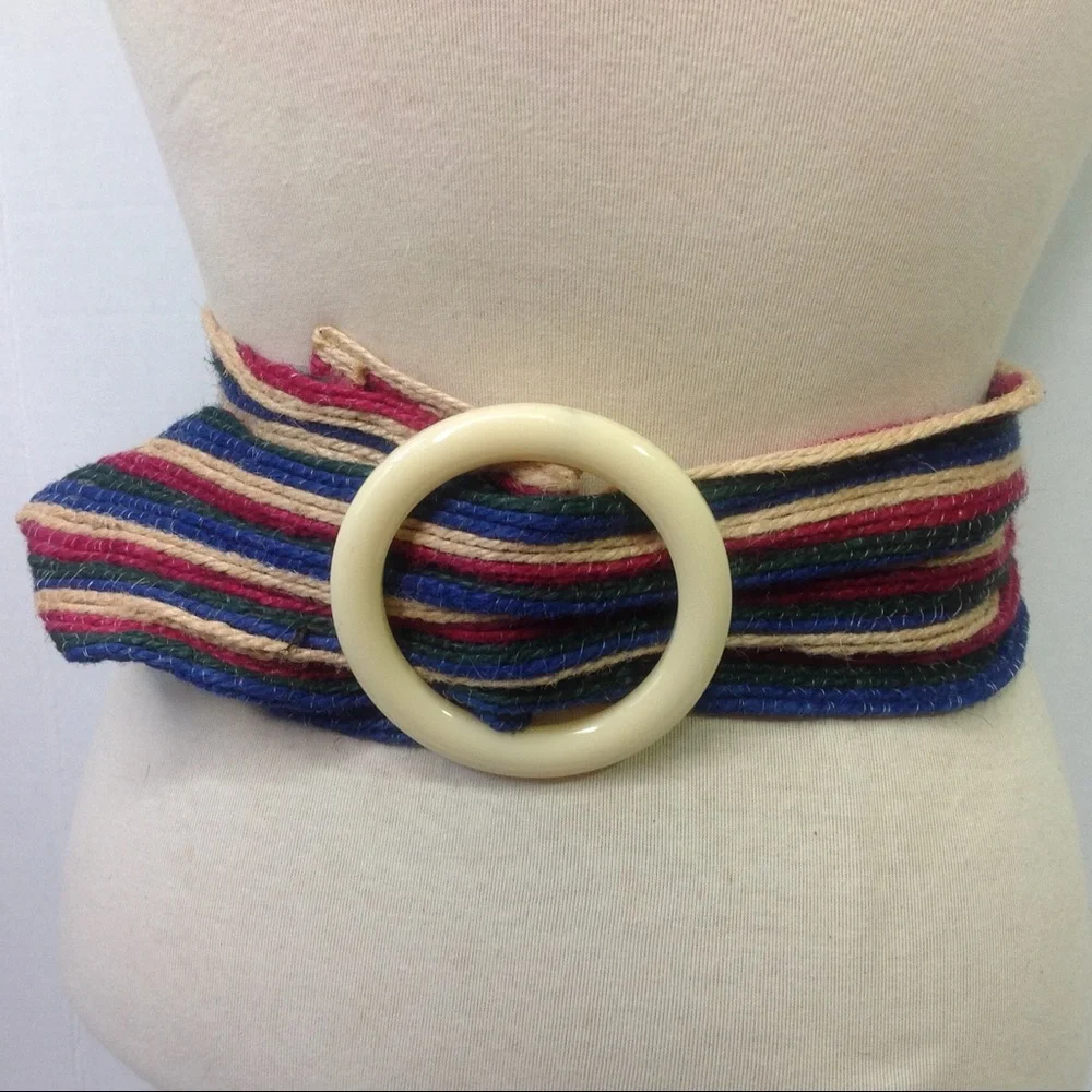 Vintage Stripe Belt Blue Red Green  Straw Rattan